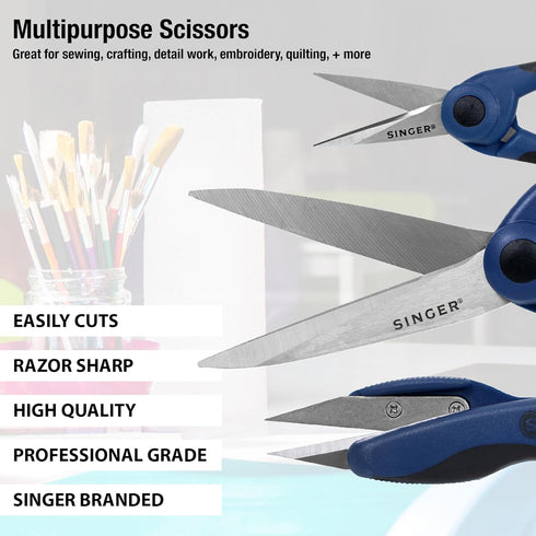 SINGER ProSeries Sewing Scissors Bundle, 8.5" Heavy Duty Fabric Scissors, 4.5" Detail Embroidery Scissors, 5" Thread Snips with Comfort Grip (Dark...