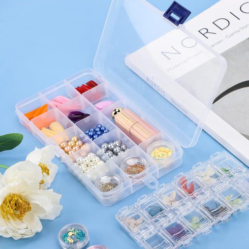 Bead Organizer Box, 2PCS 15 Compartment Craft Storage Container with Removable Divider, Plastic Empty Case for Jewelry Rhinestone Charms Crystal P...