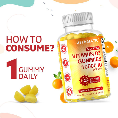 Vitamatic Sugar Free Vitamin D3 10000 IU - 120 Pectin Based Gummies - Great Taste - Healthy Bones, Mood & Immune System Function - Non-GMO - 120 S...