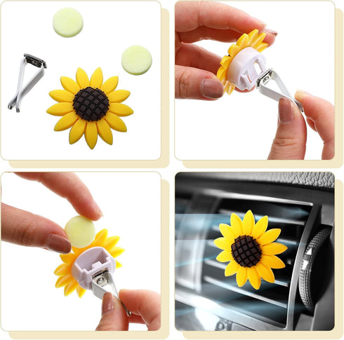 16 Pieces Sunflower Car Accessories Set Steering Wheel Cover Armrest Pad Gear Knob Cover Handbrake Cover Seat Belt Cover Cup Holder Vent Decoratio...