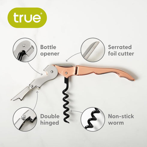 True Brands TrueTap Double Hinged Waiters Corkscrew, Top-notch Stainless Steel Opener with Foil Cutter Built to Last Wine Key Copper, Set of 1...