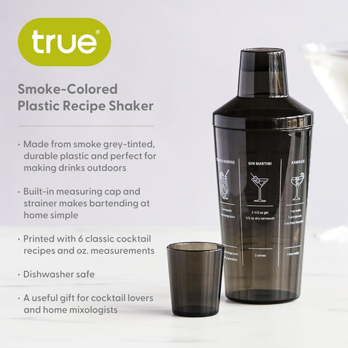 True Smoke Tinted Plastic Cocktail Shaker with Measurements, Includes 6 Recipes, Mixed Drink Shakers Cocktail, Bartending, Barware Tools, 16oz...
