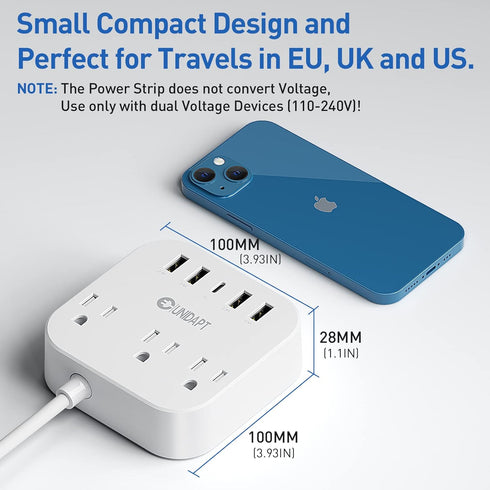 European Plug Adapter, Unidapt US to UK Europe Power Strip for EU/UK/US with USB C and 4 USB Ports, 3 AC Outlets, Wall Mountable, 5ft Extension Co...