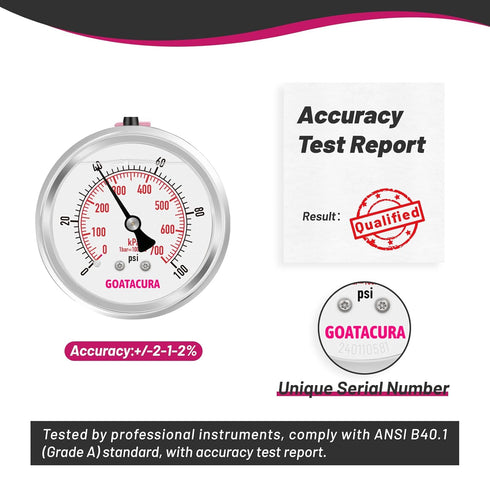 0-100psi/kpa Glycerin Filled Pressure Gauge, 2-1/2" Dial Size, Stainless Steel Case, with Vent Valve, 1/4" NPT Center Back Mount, 2-1-2% Accuracy,...