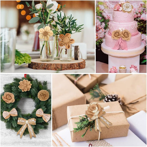 LEOBRO 33PCS Handmade Burlap Flowers Set, 8 Styles Natural Rustic Burlap Flowers & 3 Styles Craft Burlap Lace Pearl Bowknot Great for Wedding Home...