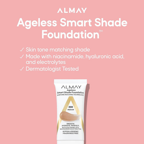 Almay Anti-Aging Foundation, Smart Shade Face Makeup with Hyaluronic Acid, Niacinamide, Vitamin C & E, Hypoallergenic-Fragrance Free, 200 Light Me...