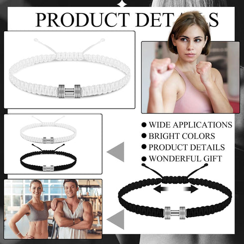 12 Pcs Woven Dumbbell Bracelet Black White Fitness Motivational Dumbbell Charm Adjustable Bracelet Dumbbell Bracelet for Men Women Bracelet Gym Yo...