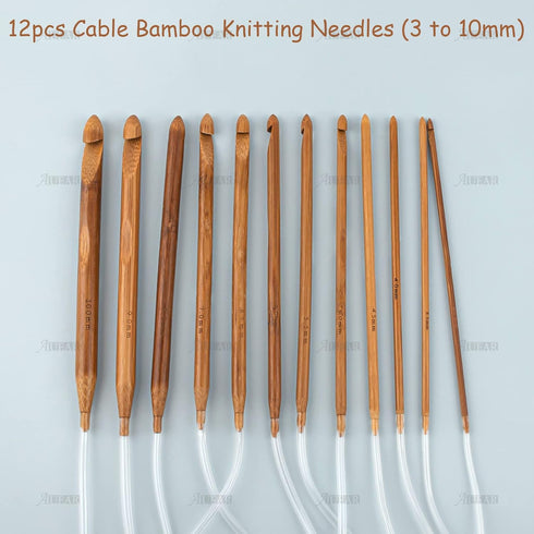AUEAR, Set of 12 Size Bamboo Knitting Needles Tunisian Afghan Crochet Hook with Plastic Cable 3mm to 10mm Carpet Rug Weave Carbonized (Clear)...