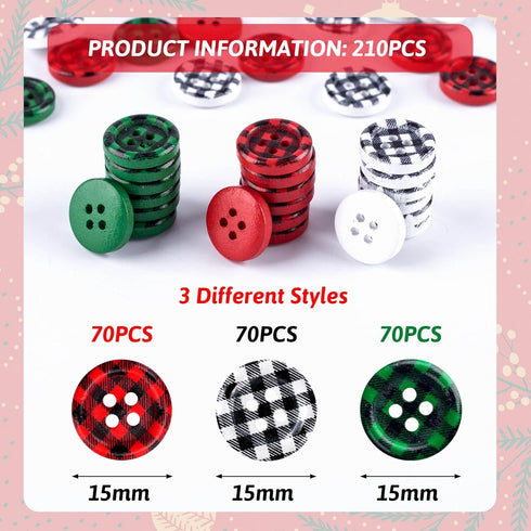 PAGOW 210Pcs Christmas Wooden Buttons, Buffalo Plaid Round Black Red White Green Buttons, 4 Holes Plaid Craft Buttons Bulk for Sewing DIY Decorati...