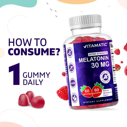 Vitamatic Sugar Free Melatonin 30mg per gummy - 60 Servings - 60 Vegetarian Gummies - Non-Habit Forming Supplement (1 Bottle)...