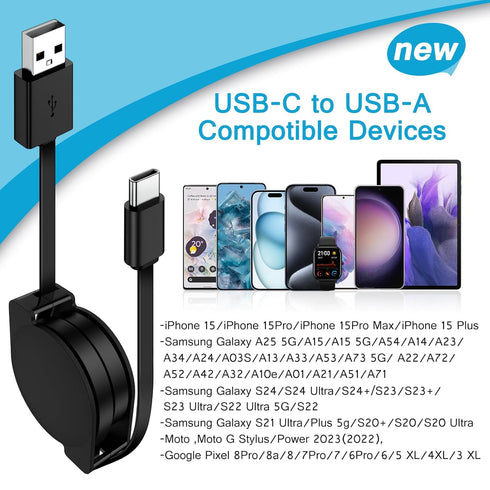 Retractable USB C Cable for Car,3.3ft 3 Pack Android Phone USB C to USB A Cord Fast Charging for Samsung Galaxy S24/S24 Ultra/S24 Plus/S23/S22/A55...