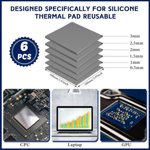 6 Pcs Thermal Pad 100 x 100 mm, 0.5 mm, 1 mm, 1.5 mm, 2 mm, 2.5 mm, 3 mm Heat Resistant Conductive Silicone Pad Thermal Pads Conductivity 6.0 W/M ...