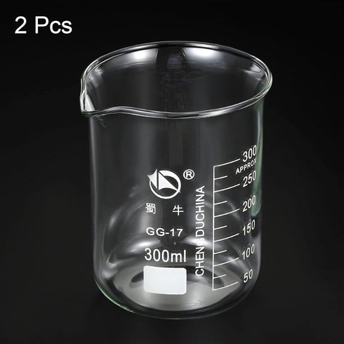PATIKIL 300ml Low Form Glass Beaker, 2 Pack 3.3 Borosilicate Glass Graduated Printed Scale Measuring Cups with Spout for Kitchen Lab Liquids Trans...