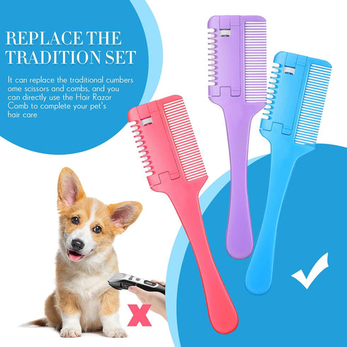 3 Pcs Pet Dog Cat Razor Comb with 50 Pcs Replacement Razors Hair Cutter Comb Cutting Scissors Hair Trimmer Comb Tool Grooming Dog Cat Double Sided...