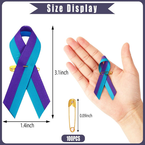 DECYOOL 150 Pcs Suicide Prevention Awareness Ribbons with Safety Pins Teal and Purple Ribbon for Funeral Band Funeral Favors...