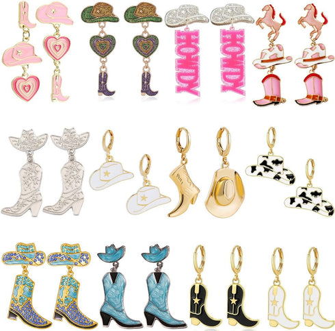 12 Pairs Beaded Cowboy Earrings for Women Pendant Rhinestone Enamel Boot Hat Drop Dangle Earrings...