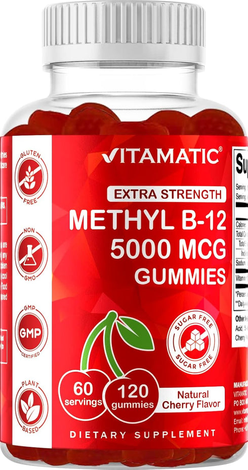 Vitamatic Extra Strength Vitamin B12 5000 mcg (Methyl B12) Gummies - 120 Count - Natural Cherry Flavored...