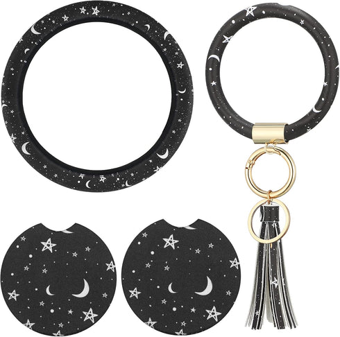 4 Pieces Black Moons White Stars Print Car Accessories Set Black Moons White Stars Steering Wheel Cover with 2 Pieces Car Cup Holder and Leather K...