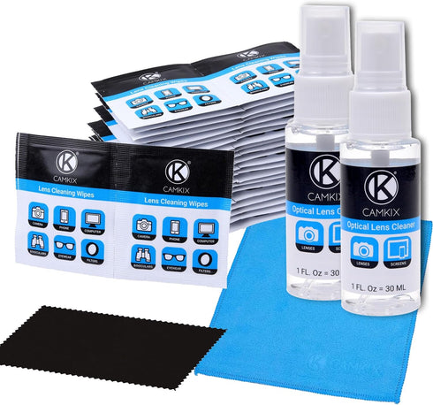 Lens and Screen Cleaning Kit - 2 Spray Bottles, 2 Microfiber Cloths (Size L + S), 50 Individually Wrapped Wet Tissues - for Eyeglasses, Sunglasses...