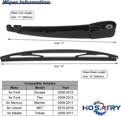 Rear Wiper Arm Blade Set for Ford Escape Flex 2008-2019, for Mazda Tribute 2008-2011, for Mercury Mariner 2008-2012, for Lincoln MKT 2010-2019 Rea...