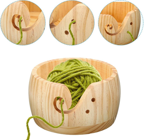 PATIKIL Wooden Yarn Bowl with Holes Holder, Handmade Craft Knitting Bowl Storage Knitting and Yarn Holder Crocheting for Knitting Lovers, 6", Ligh...
