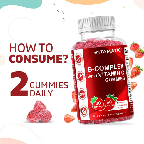 Vitamatic Vitamin B Complex Gummies with Vitamin C & Inositol - Natural Strawberry Flavor - 60 Gummies (2 Bottles)...