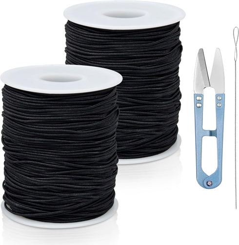 FIVEIZERO 2 Rolls Black Elastic Bracelet String Total 330 Feet,1mm,1.2mm,1.5mm Elastic Beading Cord Stretchy String with Scissors and Beading Need...