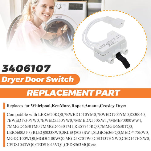 WP3406107 3406107 Dryer Door Switch by Beaquicy - Replacement for Whirlpool, Ken-More, Roper, Amana, Crosley Dryer - Replaces 3406109 3405101 3405...