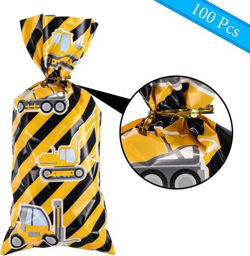 Gejoy 100 Pieces Construction Party Favor Bags Truck Themed Candy Treat Gift Construction Theme Cellophane Bags with 100 Pieces Golden Twist Ties ...