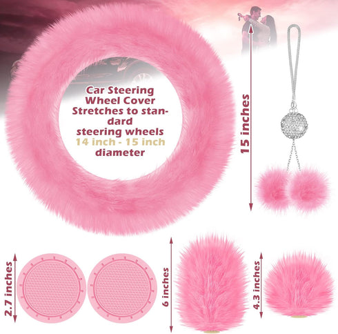 Frienda 6 Pieces Fluffy Car Accessories Set Fluffy Steering Wheel Cover Soft Fuzz Handbrake Cover Gear Shift Cover Bling Car Mirror Fuzz Car Decor...