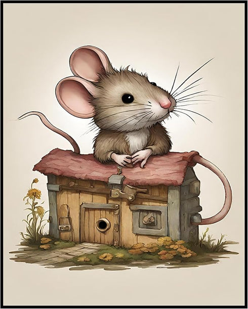 Posterizer 1 pcs- Cute mouse leaning on a tiny house-Art for Animal Lovers-Kids Room Art-Gift for Daughter, Son, Kids-Decor for nursery toddlers k...