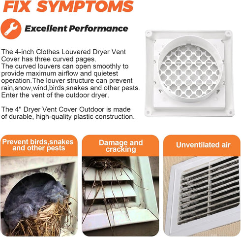 4" Louvered Dryer Vent Cover by Beaquicy - Outdoor White Exhaust Cap with Aluminum Built-in Pest Guard Screen & Screws for 4 Inch Opening Hood Duc...
