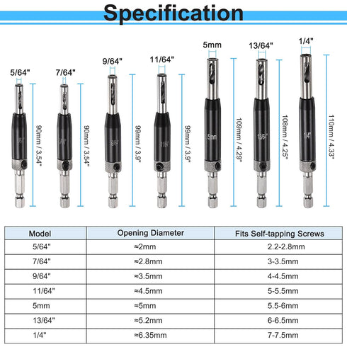 16pcs Self Centering Drill Bit Set 5/64" - 1/4" Door Hinge Drill Bit High Speed Steel Hex Shank Spring Loaded Woodworking Bits with Hex Key and Ex...