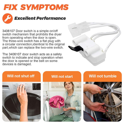 WP3406107 3406107 Dryer Door Switch by Beaquicy - Replacement for Whirlpool, Ken-More, Roper, Amana, Crosley Dryer - Replaces 3406109 3405101 3405...