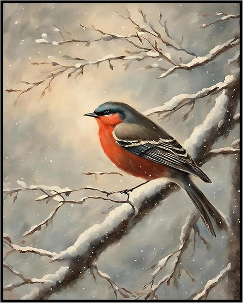 Posterizer 1 pcs-little bird in snowy winter scene-oil painting style -8-Art for Animal Lovers-Landscape & Nature Art-Decor for Home & Office- unf...