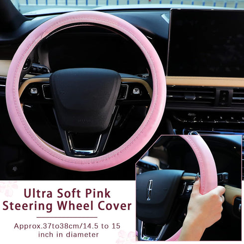 10 Pc Pink Leather Steering Wheel Cover Set - With Seat Belt Pads, Cup Holders, Bling Buttons...