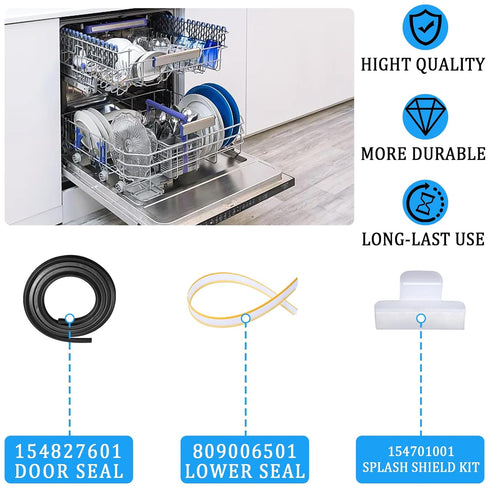 Dishwasher Door Seal Kit Compatible with Frigidaire & Kenmore – Includes 154827601 Tub Gasket, 809006501 Bottom Seal, 154701001 Splash Shield – Re...