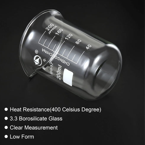 PATIKIL 200ml Low Form Glass Beaker, 2 Pack 3.3 Borosilicate Glass Graduated Printed Scale Measuring Cups with Spout for Kitchen Lab Liquids Trans...