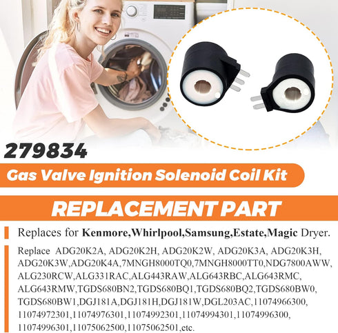 Upgrade 279834 Dryer Gas Valve Ignition Solenoid Coil Kit by Beaquicy - Replacement Ken-more Whirl-pool Dryers - Replaces AP3094251 PS334310 306105 306106 694540 694539 12001349