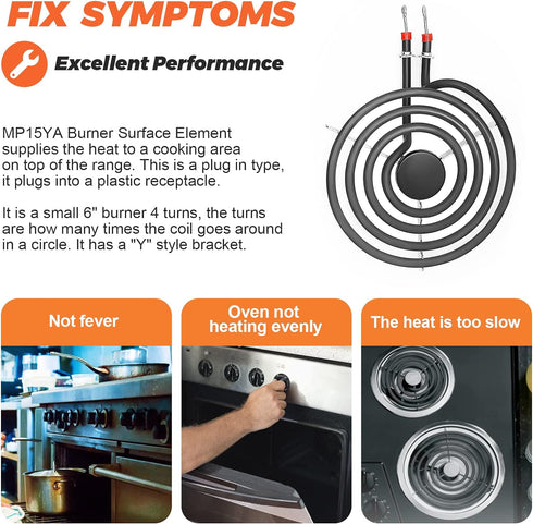 660532 MP15YA Electric Range Burner Element 6 inch 1500W 4 Turns surface element replacement for Whirlpool Kenmore ranges replacement burners wfc310s0ak, rf110axsq3, kf330add1,ffef3011lwd,etc.
