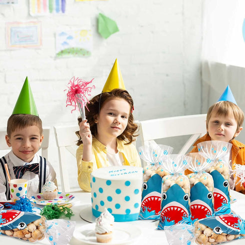 100 Pieces Shark Party Bags, 12.5 x 27.5 cm/ 4.9 x 10.8 Inch Shark Plastic Candy Bags Sea Birthday Goodie Favor with 100 Silver Twist Ties for Sum...