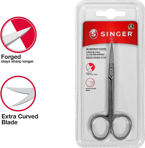 SINGER 4 Inch Forged Embroidery Scissors with Curved Tip for Sewing, Cross-Stiching, Crafts, & More (Extra-Curved Tip, 1-Pack)...