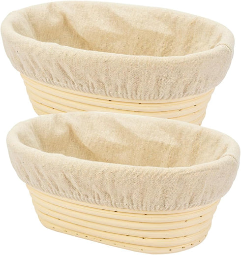 2 PCS 8 inch Oval Long Banneton Brotform Bread Dough Proofing Rising Rattan Basket & Liner for Professional & Home Bakers...