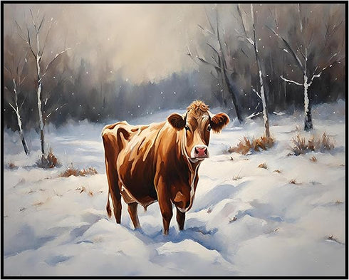 Posterizer 1 pcs-cute cow in snowy winter scene-oil painting style-3-Art for Animal Lovers-Landscape & Nature Art-Decor for Home & Office- unframe...