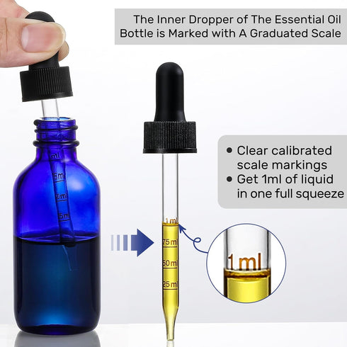 4 Pack 2 oz Glass Dropper Bottles with Measured Dropper - 60ml Dark Blue Tincture Bottles with Graduated Calibrated Glass Eye Droppers (1ml) for E...