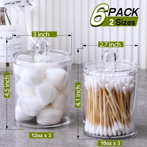 6 Pack Qtip Holder Dispenser for Cotton Ball, Cotton Swab, Cotton Round Pads, Floss - Clear Plastic Apothecary Jar Set, Bathroom Canister Storage ...