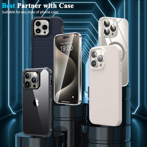 YMHML 3 Pack for iPhone 15 Pro Max/iPhone 15 Plus Screen Protector, Military Grade Tempered Glass HD Clear Film Case Friendly Screen Protector iPh...