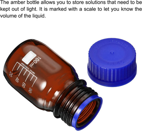 PATIKIL 100mL Reagent Media Bottle, 1Pcs Round Graduated Glass Storage Bottle Blue Screw Cap for Chemistry Lab Universities Home, Amber...