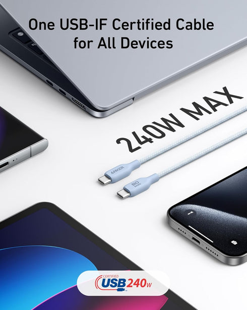 Anker USB C to USB C Cable (240W, 10ft), Bio-Braided USB C Charger Cable Fast Charge for iPhone 15/15 Pro, MacBook Pro 2020, iPad Pro 2020, iPad A...