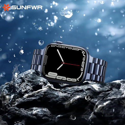 SUNFWR Stainless Steel Watch Band, DarkBlue 42mm/44mm/45mm for Apple Watch Series 9/8/7/6/5/4/3/2/1/SE/SE2, Adjustable Metal iWatch Band with Case...